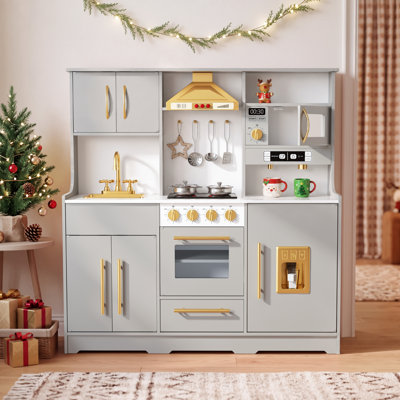 Wooden Kids Play Kitchen, Toy Kitchen Playset for Toddler, Realistic Kitchen Sets w/Lights & Sounds, Gift for Boys Girls Age 3+