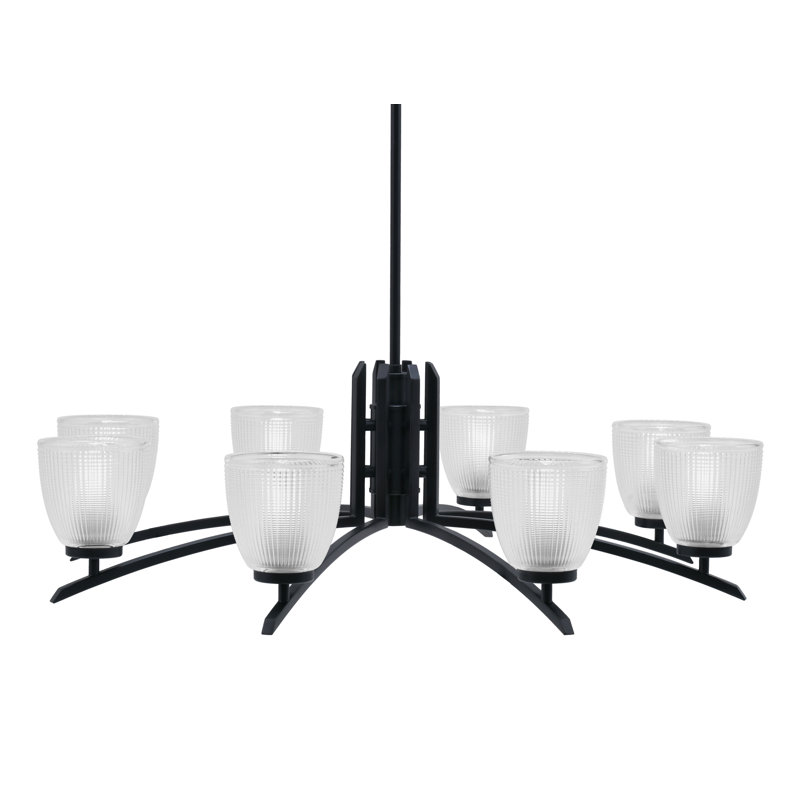 Lustre 8 lumières Kurve illustré en finition noir mat avec verre côtelé transparent de 5 po
