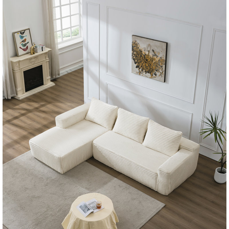 106.3" Flannel Modular Sofa, White Cotton, Left Hand Facing