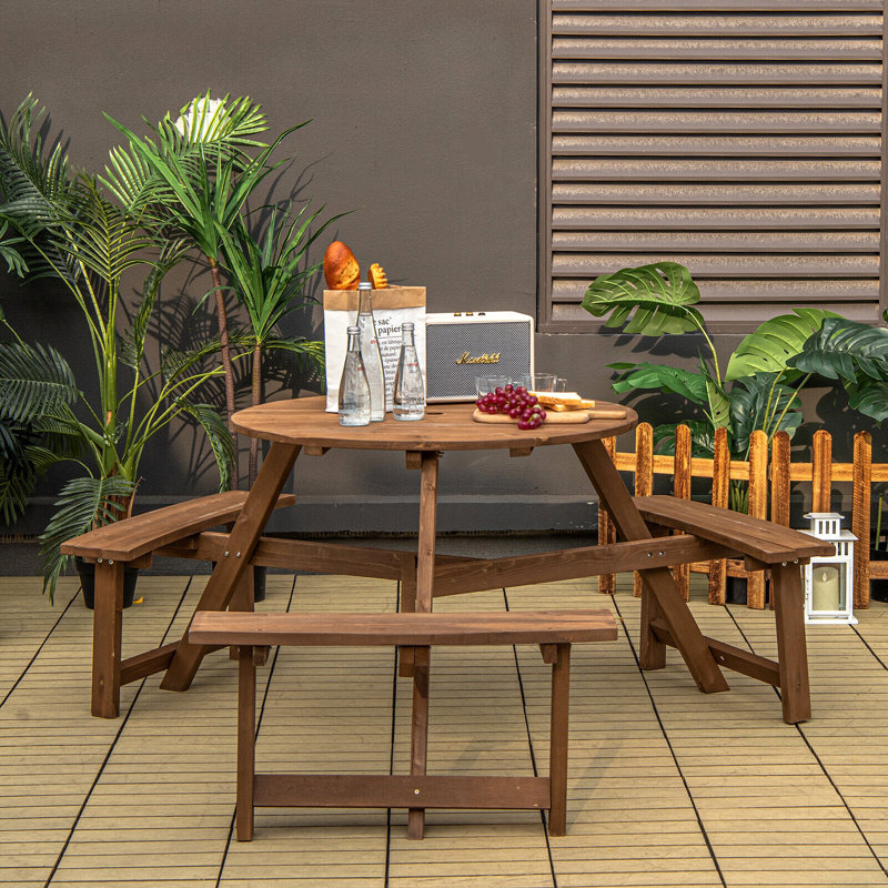 Solid Wood Picnic Table Bench Set With Umbrella Hole For 6