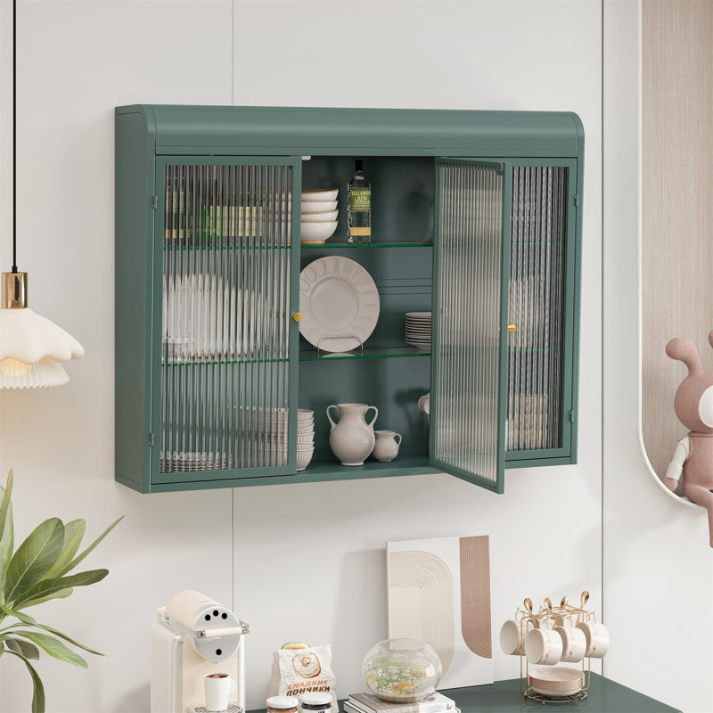 Armoire murale en verre arquée 3 portes avec design élégant et rangement polyvalent, Vert foncé