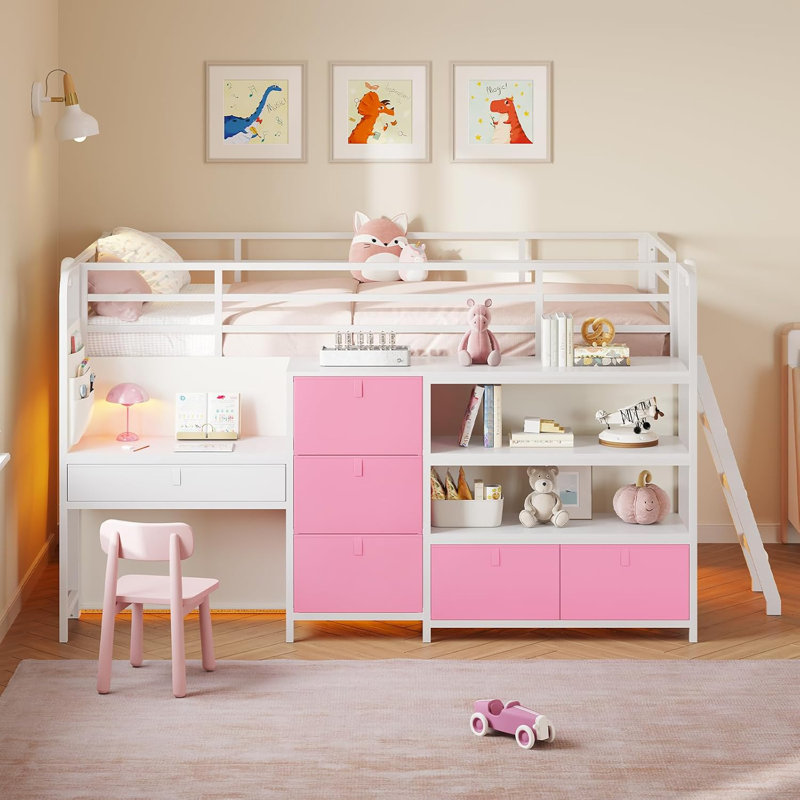 Twin Size Low Loft Bed With Built-In Desk, Metal Loft Bed With 6 Storage Drawers, Open Bookshelf, Under-Bed Play Tent With Led Lights,Safety Guardrail & Inclined Ladder, White And Pink