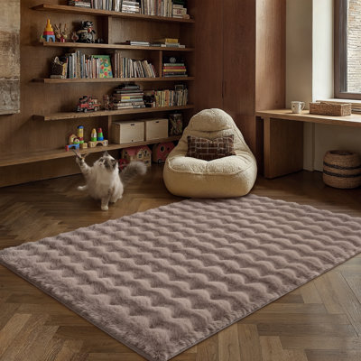 Modern Soft Solid Rabbit Faux Rug Machine Washable Area Rug with Non-Slip