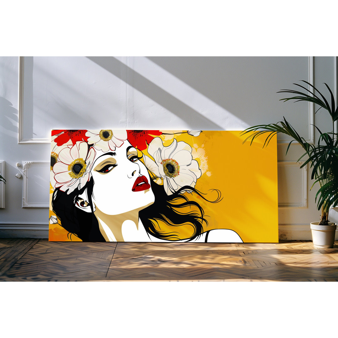 Wandbild 120x60cm Porträt einer jungen Frau Modern Kunstvoll weiße Blumen Sommer