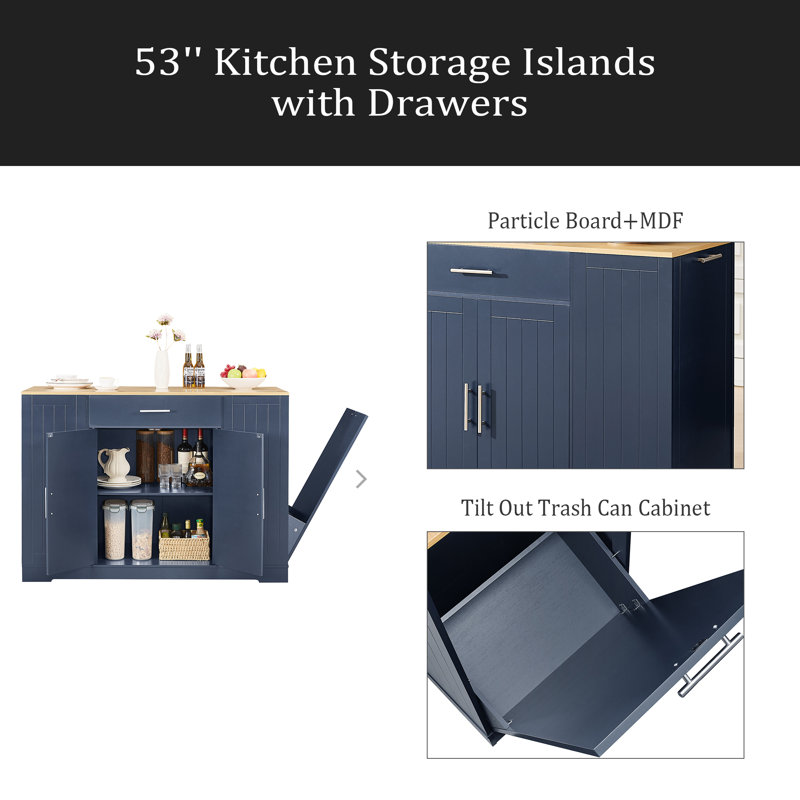 Îlots de rangement de 53 po avec tiroirs et poubelles pour la cuisine et la salle à manger. Conception de maison de campagne moderne, l 53,2 po x P 20,9 po x H 38,0 po