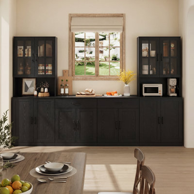 71"H x 94.5"W Farmhouse Wall Unit & Kitchen Pantry Combo,Wood Bookcase Storage Cabinet with Glass Doors,black