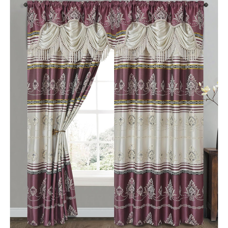 Ensemble de rideaux à 2 attaches avec cantonnière et passe-tringle Luxury Jacquard, Rose