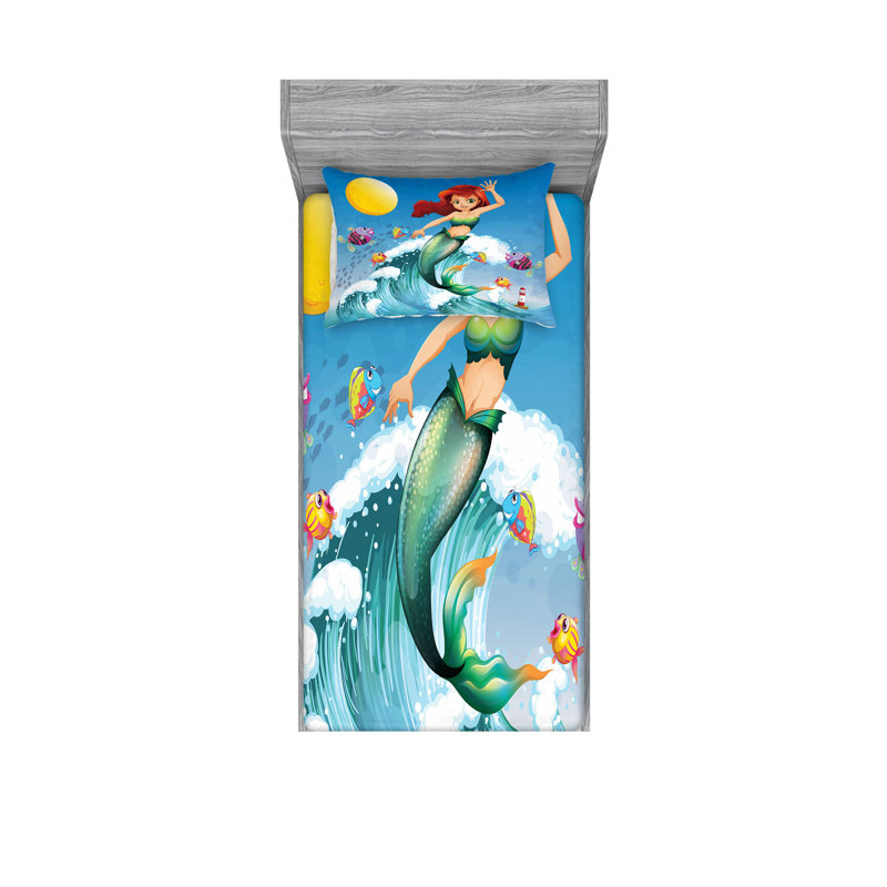 Multicolore drap-housse et coussin décoratif Ambesonne Mermaid, Ensemble de draps pour lit simple TG + 3 articles 