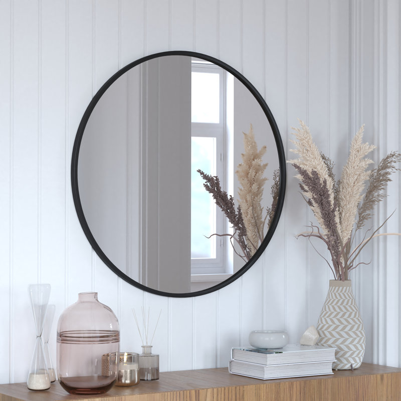 Miroir d'appoint mural incassable Nafne, 30 po x 30 po, Noir