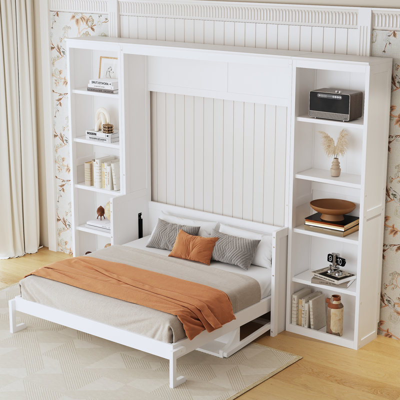 Lit escamotable Azfar avec bureau et bibliothèque, Grand, Blanc