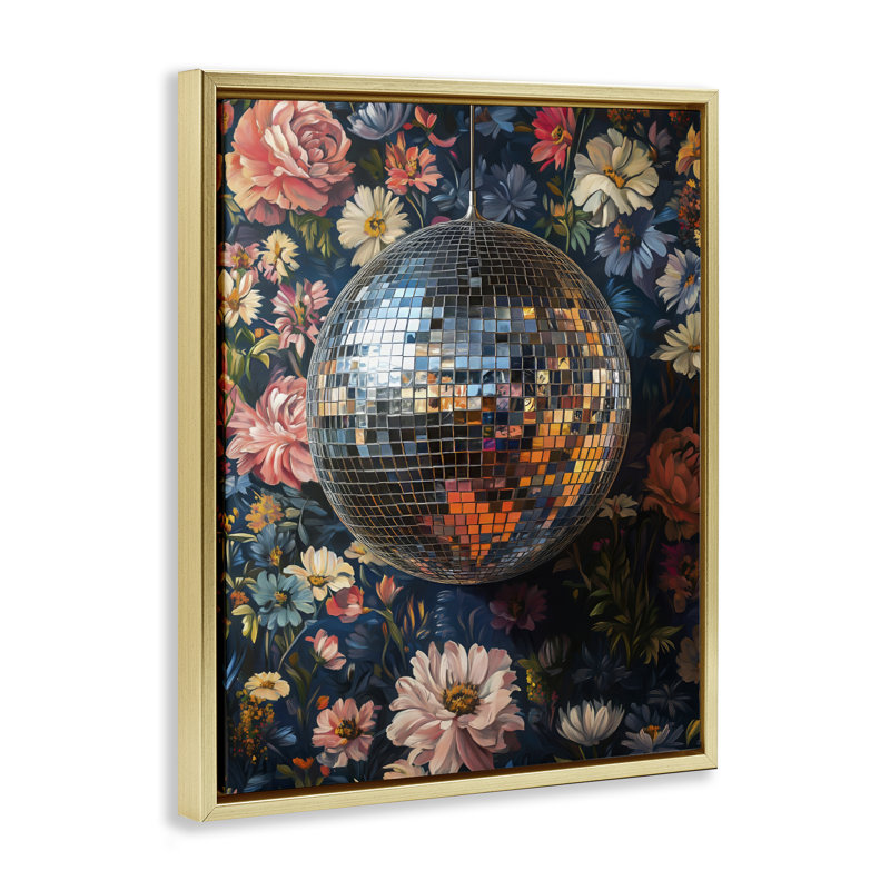 Cadre flottant floral à motif de boule disco, design par LSR Design Studio, 31 x 25, Metallic Gold Floater Framed