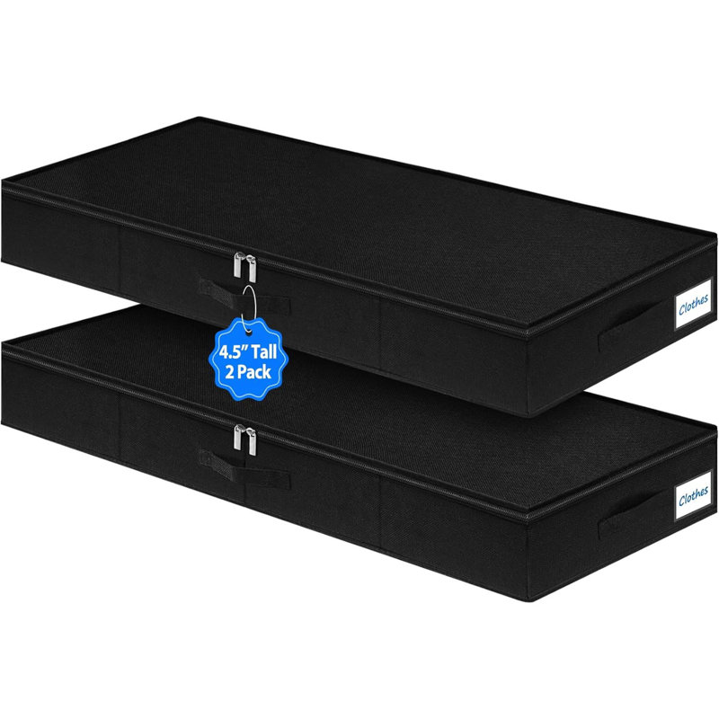 2 Pack 4.5-Inch Tall Low Profile Under Bed Storage Container, Black Thin Underbed Organizer Bin with Rigid Sides for Clothes Couch Dresser Storage