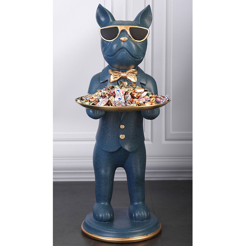 Ornement sur pied bouledogue français de luxe clair avec plateau, Bleu