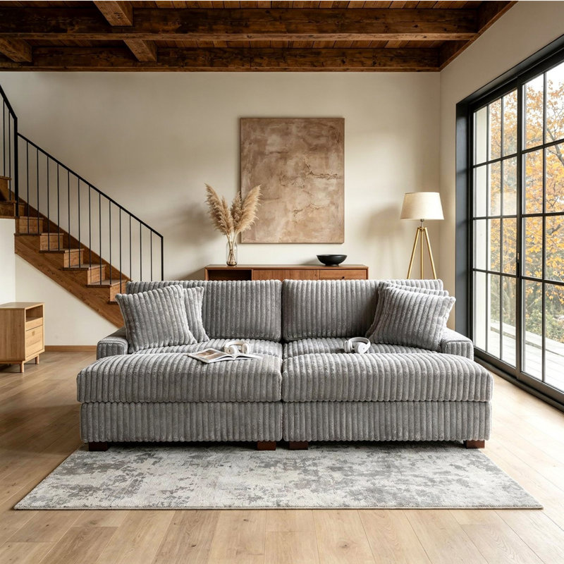 4 - Piece Upholstered Light Gray Faux Rabbit Fur Flannel Modular Sectional Sofa with Throw Pillows & Removable Ottomans