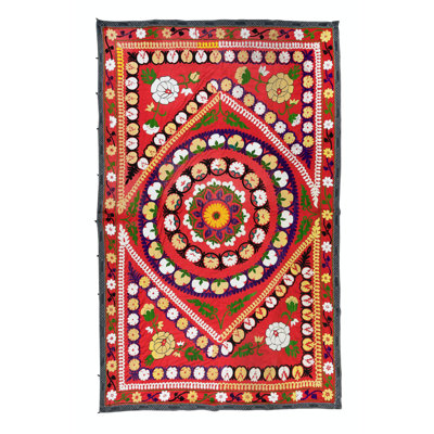61x89 in Suzani Embroidery Wall Hanging in Red. Decorative Silk and Cotton Bed Cover. Vintage Table Cover