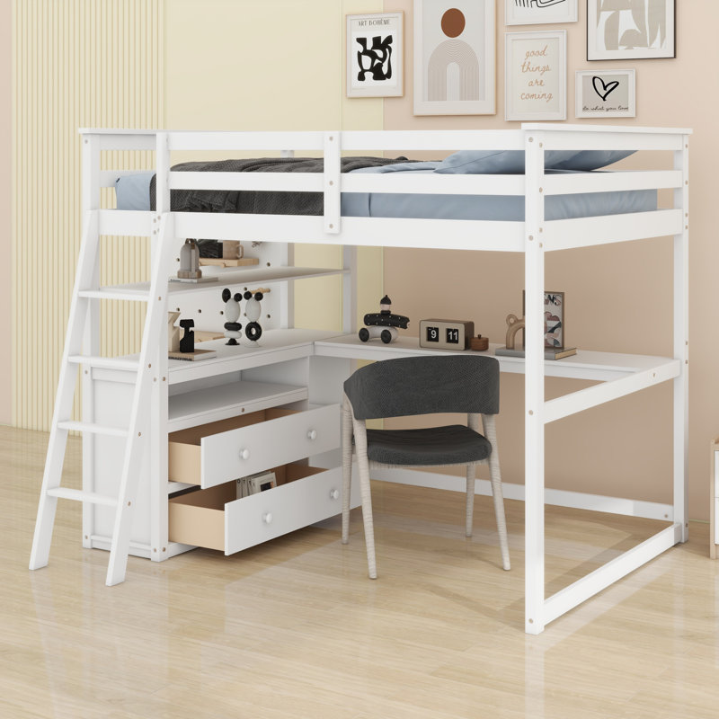 Loft Bed With Desk And Shelves,Drawers, White