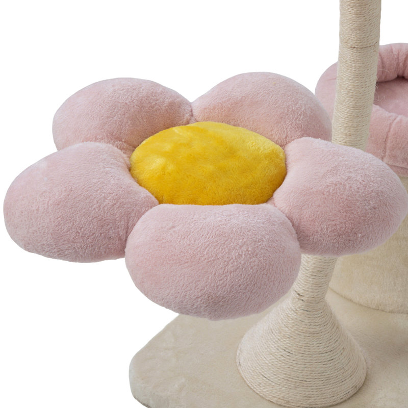 Multi - Level Cat Tree In Pink And Beige, Featuring A Stable Base, With Raised Bed, Core For Activity Flower Inspired Indoor Cats, Cylindrical , Platforms, 2 Dangling Entertainment