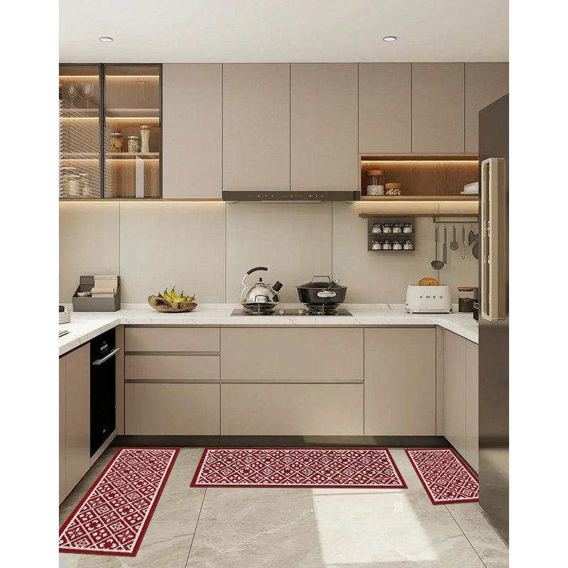 Tapis de cuisine, envers en caoutchouc antidérapant, lavable à la machine, ensemble de 3 pièces, Rouge