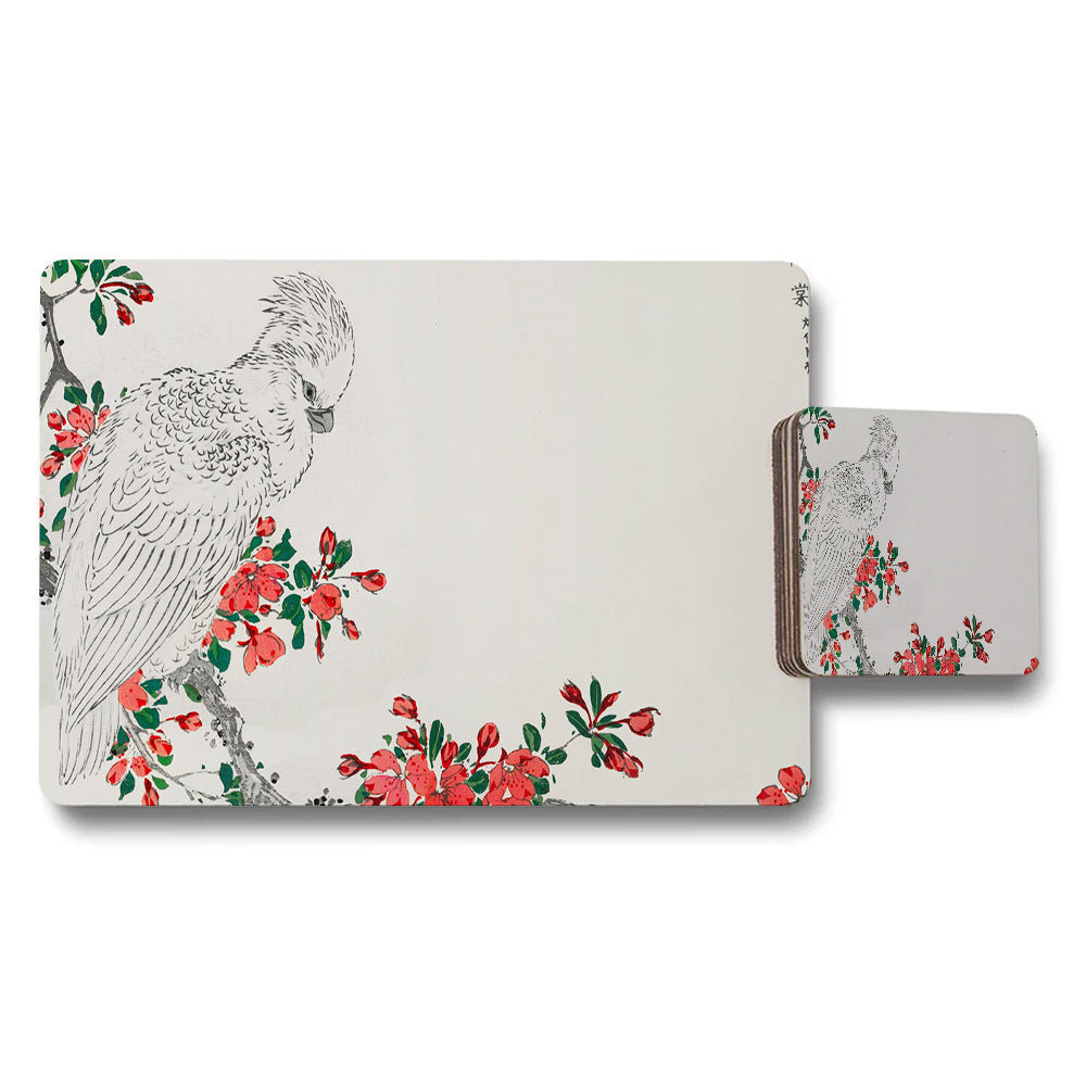 Parrot And Red Floral Placemat Coaster Set For Dining Table