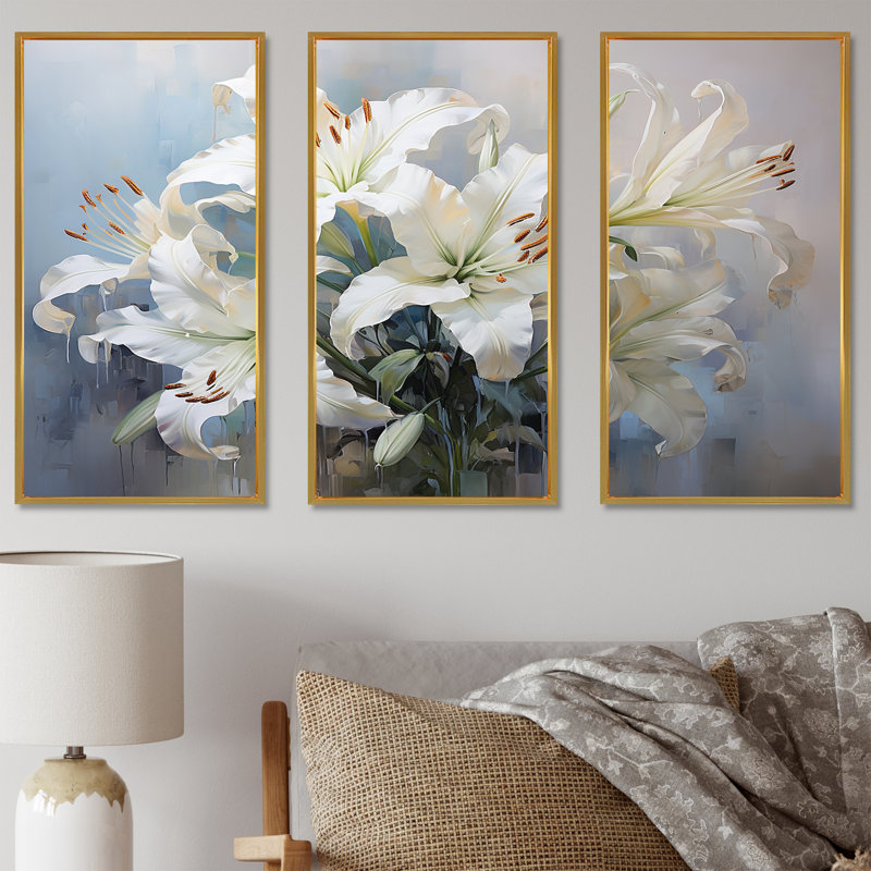 «White Lilies In Bloom Beauty» - ensemble d'art mural sur toile, Cadre flottant doré, H 40 po x l 60 po x P 1 po