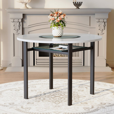 Table de salle à manger ronde 42 pouces blanche minimaliste moderne pouvant accueillir 4 à 6 personnes (incrustation de verre gris + support stable en métal, convient à plusieurs cas de figure).