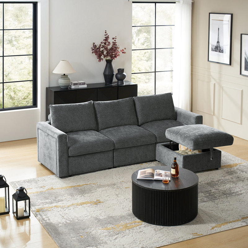 Canapé modulaire de rangement 4 pièces avec accoudoirs multifonctionnels Doulyn, Mélange de polyester gris