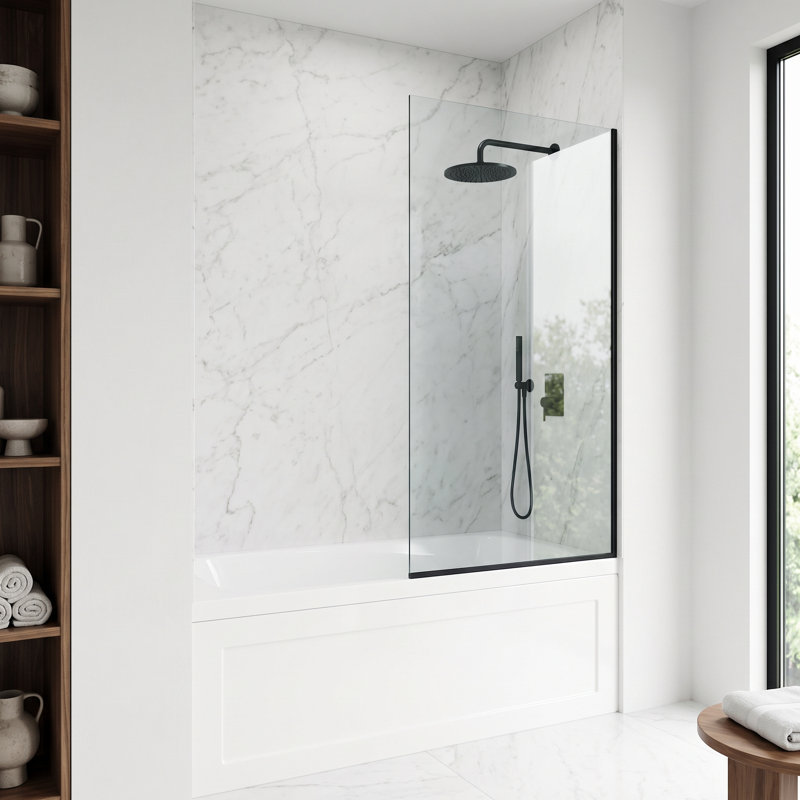 Zenith 34" W x 62" H Fixed Frameless Bathtub Screen with 3/8" Glass, Matte Black Clear