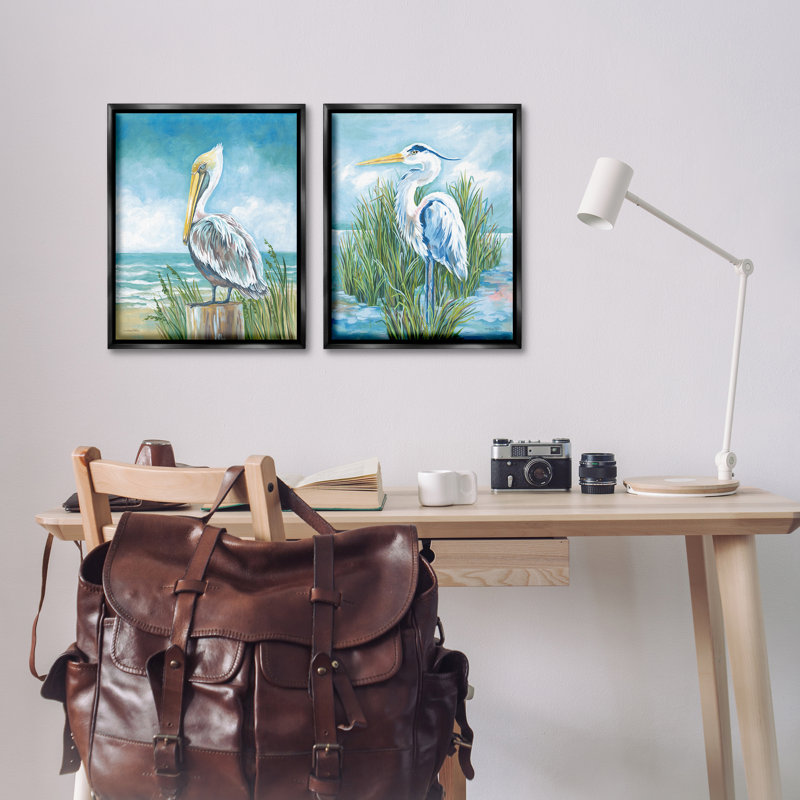 «Pelican & Heron» par Beachside, ensemble de 2 toiles flottantes encadrées grises, design par Diane Kater, H 21 po x l 17 po
