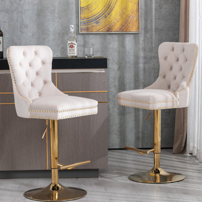 Tabourets de bar pivotants dorés épais - beige, dossier réglable à hauteur de siège confortable pour la maison et le pub (de 2) velours beige, hauteur en pouces, tiroirs faits à la main, plus grande base stable 17,7
