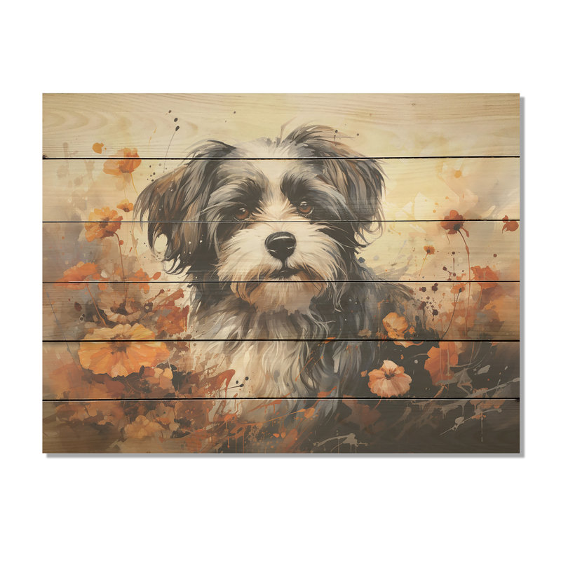 Floral Shih Tzu Serenity - Dog Wood Wall Art On Natural Pine Wood, 30" H x 40" W