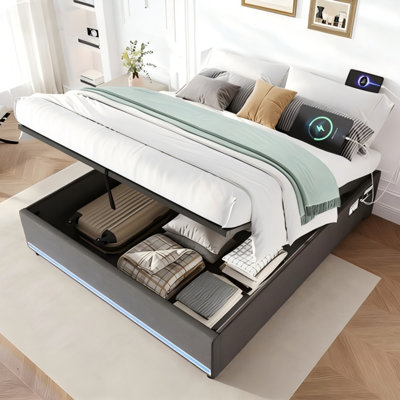 Hydraulic Storage Bed Frame, Grey No Headboard Linen Bed With App Control Led Lights, Side Charging Station & Side Pockets, Metal-wood Support, No Box Spring Needed