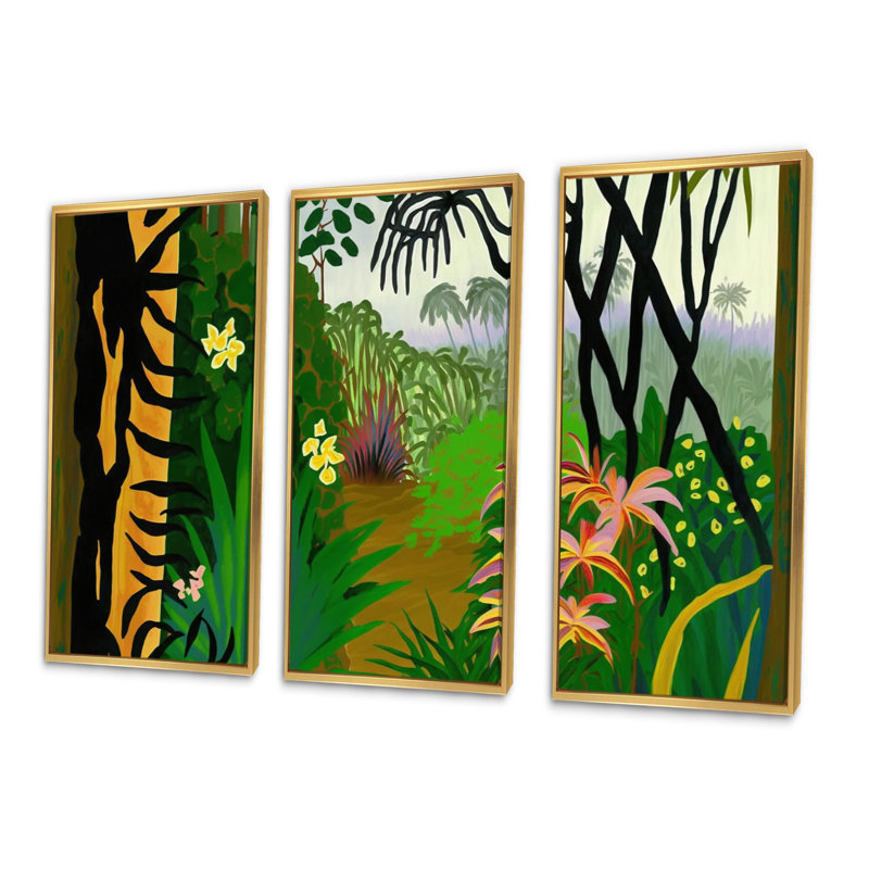 «Blossoming And Vibrant Jungle Flora IV», reproduction sur toile 3 pièces, H 28 po x l 36 po x P 1 po, Encadrement doré