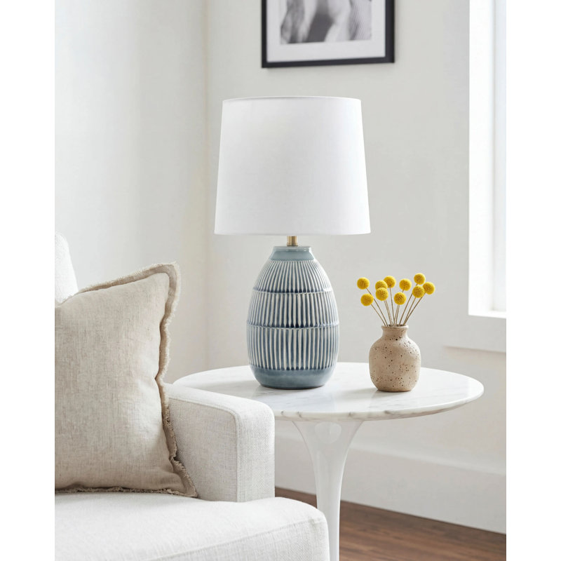 Modern Ceramic Table Lamp, Linen, White, Blue