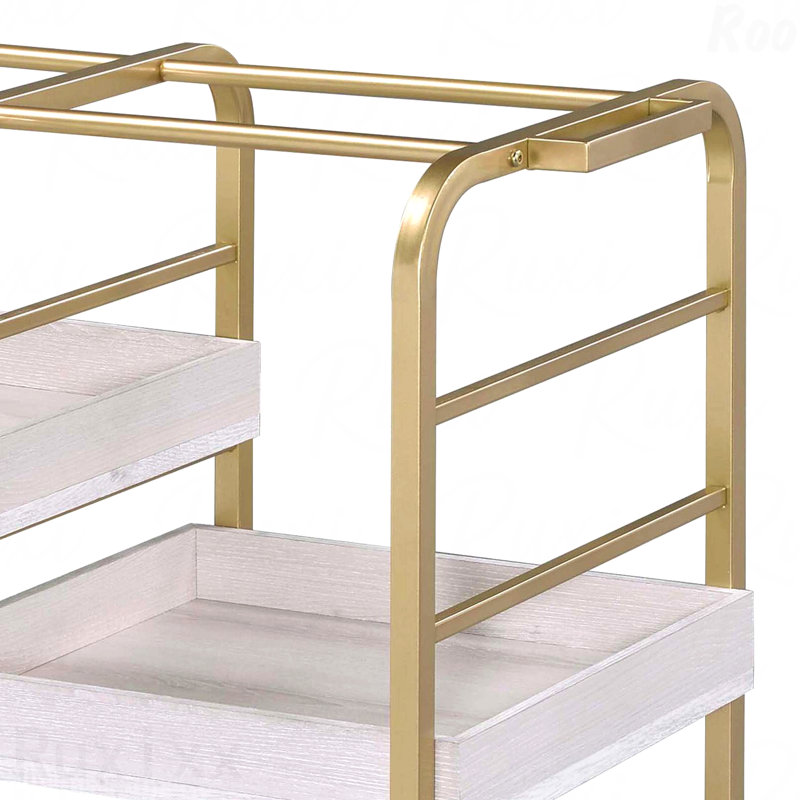 Gold And White Washed Serving Cart With 3 Adjustable Trays, Gold/White