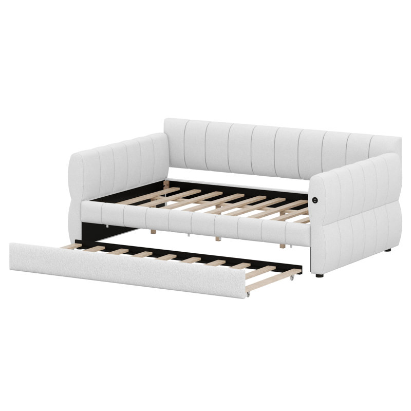 Lit tapissier moderne avec port USB intégré et lit gigogne caché, Blanc