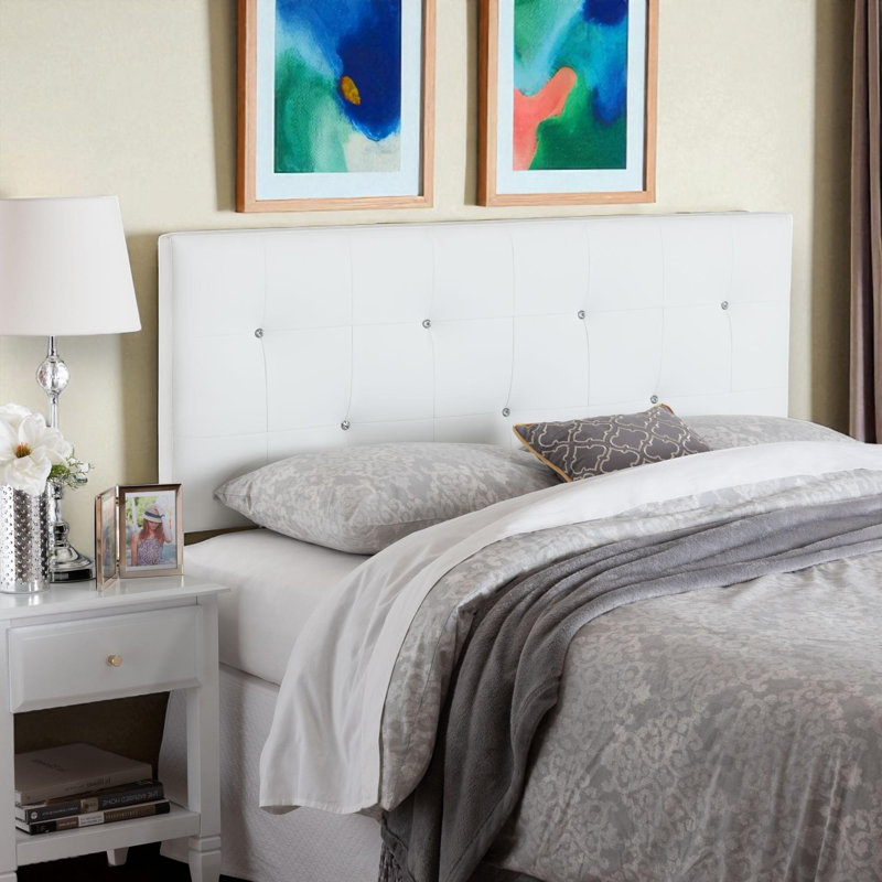 Empress Full Faux Leather Headboard In White With Button-Tufted Crystals, 52.43" H X 55.8" W X 3" D, White, Full / Double