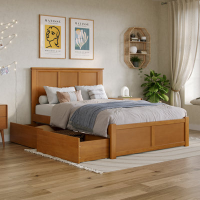 Lit plateforme en bois massif avec pied de lit et tiroirs de rangement Madison