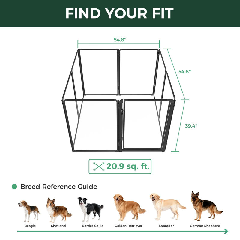 Parc d'intérieur pour chien en acrylique robuste AuraSpace Pro de FXW, avec structure en métal, hauteur de 40 po et 8 panneaux pour chiens de taille moyenne et grande, noir