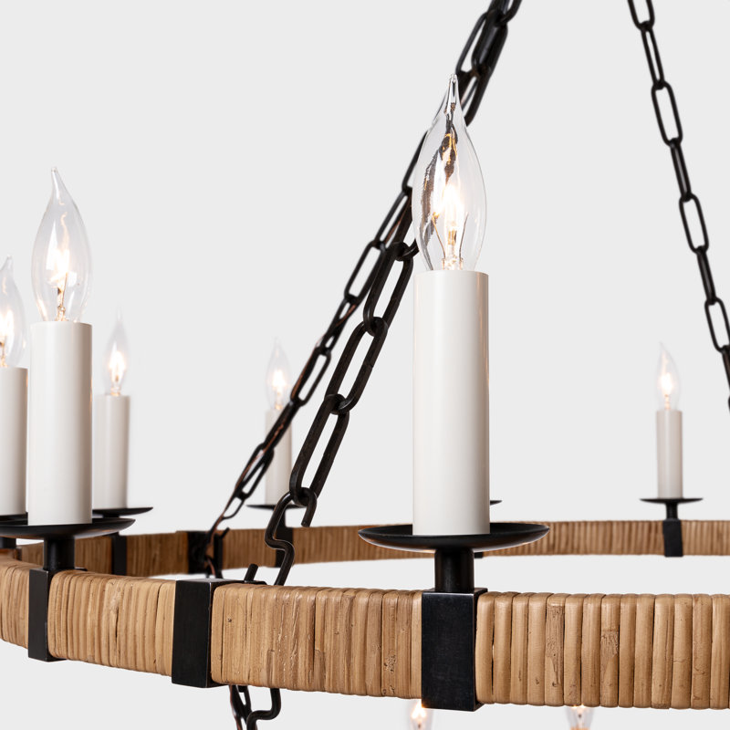 Darlana 20 - Light Wagon Wheel Chandelier, 36.75" H x 31.75" W x 31.75" D, Aged Iron/Natural Rattan