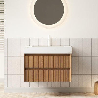 Meuble-lavabo de 30 po avec fonction murale, surface en pierre frittée dorée, lavabo en céramique, 2 tiroirs à fermeture silencieuse, finition en bois et tiroirs d'évier, comptoir, lavabo encastré, pré-assemblé, moderne