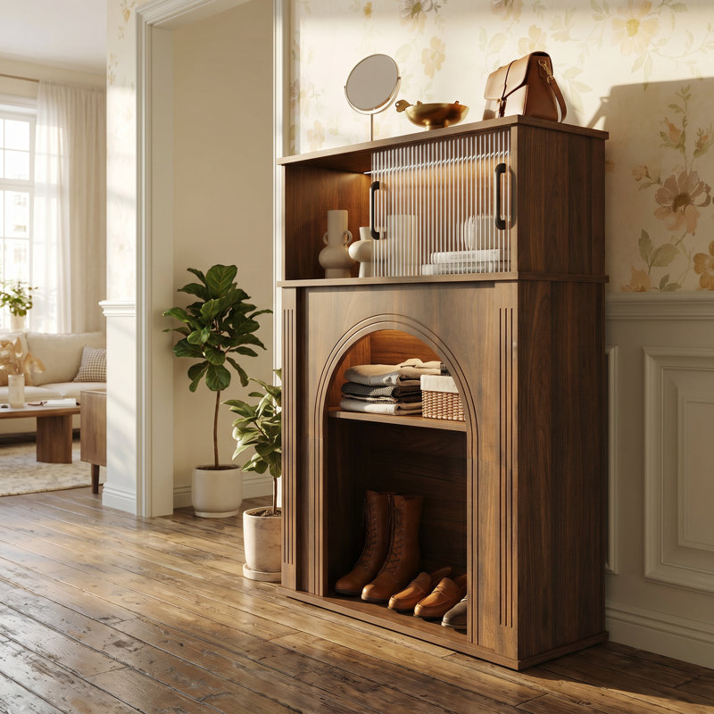Wood Grain Entryway  1 Person Shoe Cabinet With LED Lights, 2-Tier Storage Console With Fluted Glass Doors For Small Spaces
