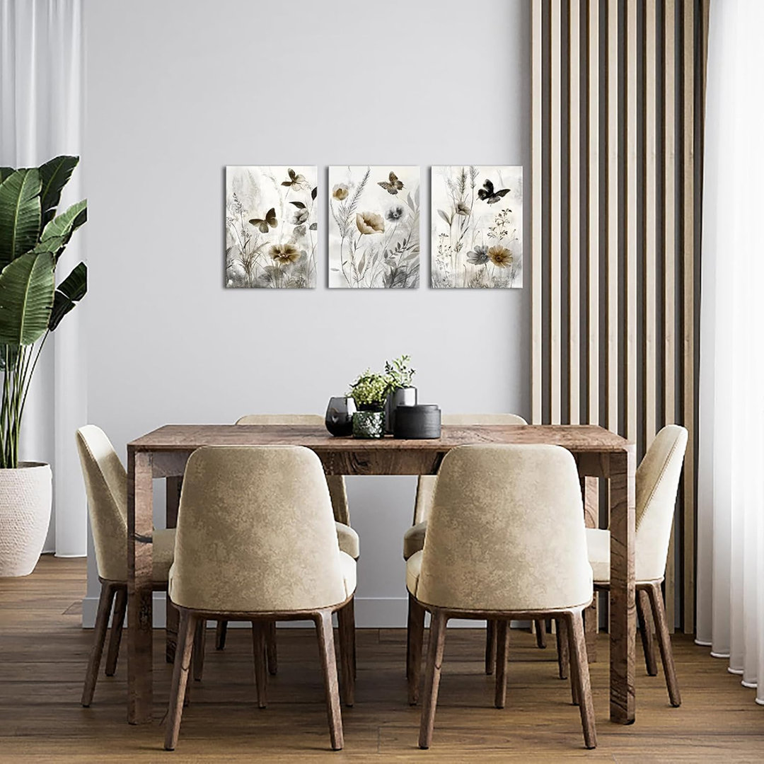 40*30，Botanical Canvas Wall Art Framed Wildflower Paintings Pictures Beige Artwork Minimalist Bedroom.