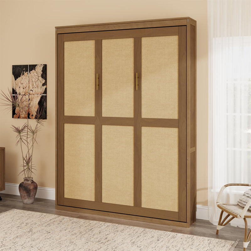 Lit escamotable en bois massif avec meuble-lit escamotable parfait pour la chambre d'amis, Noyer, Lit double