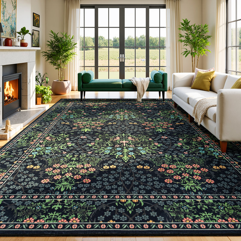 9'X12' Floral Black Green Distressed Retro Washable Rug, Rectangle 9' x 12'