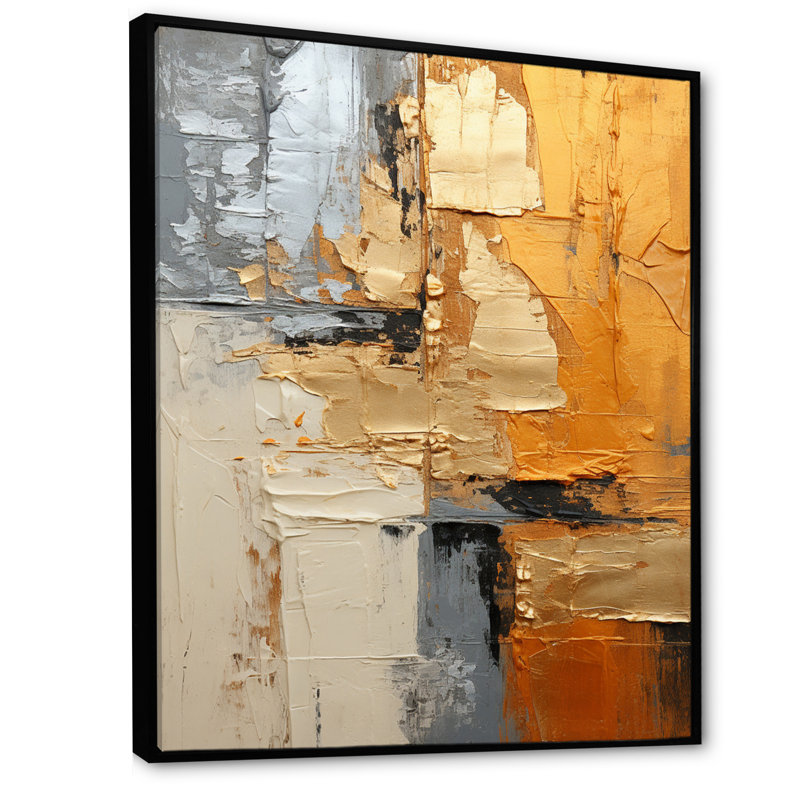 Fromma, gris doré, géométrie brillante XV - Collages abstraits, art mural, H 40 po x l 30 po x P 1,5 po, Cadre flottant noir