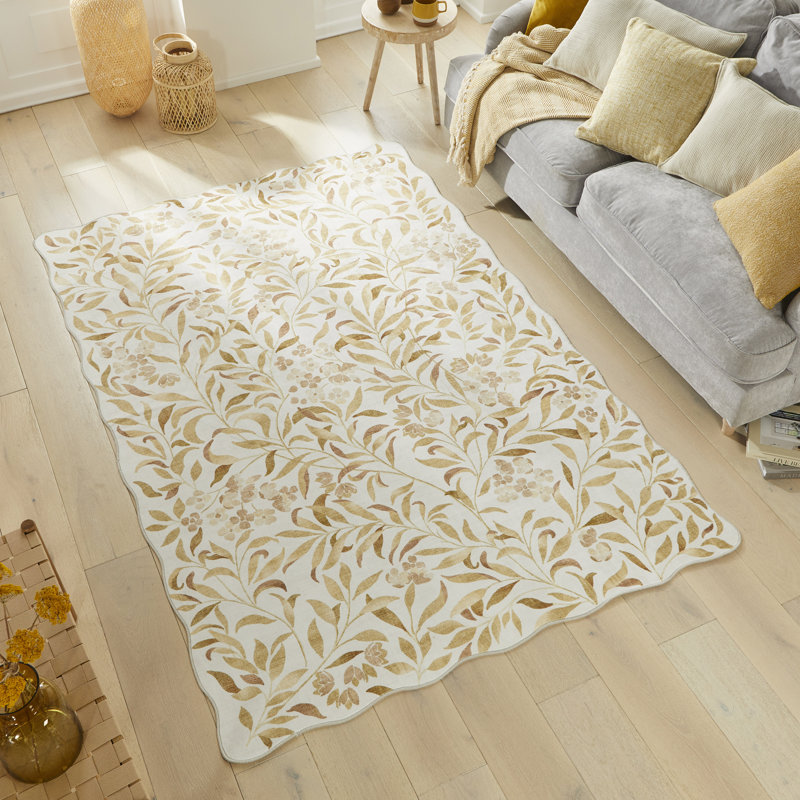 Floral Ivory Gold Washable/Stain Guarded Area Rug , Rectangle 200 x 300 cm
