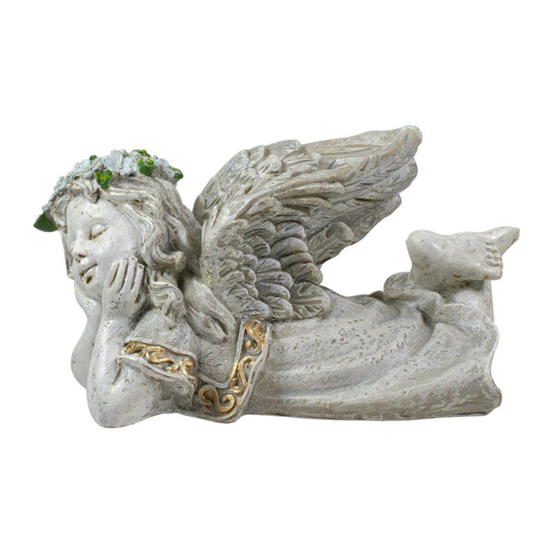 Whimsical Gray Polyresin Angel Garden Statue with Gold Accents