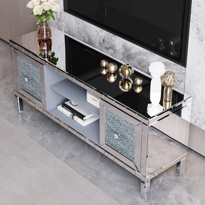 Mirrored TV Stand with Crushed Diamond Glass Doors - Modern Media Entertainment Center for Living Room, Adjustable Storage TV Console Table for 65-Inch TV