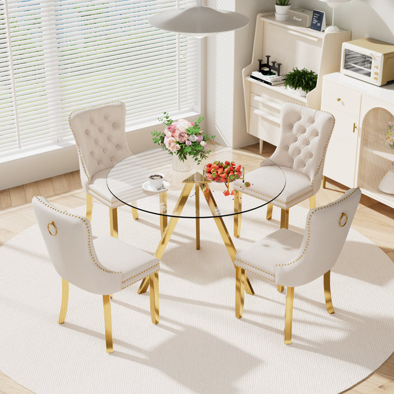 5-Piece Pedestal Gold Dining Set, Beige, 30" H x 39" W x 39" D