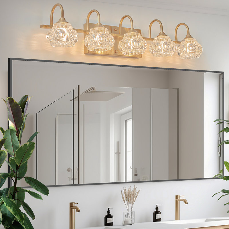 29" Modern Crystal Bathroom Vanity Light, 5-Light Golden Wall Sconce With Clear Glass Shade, Elegant Wall Mount Lighting For Bathroom, Powder Room, Or Vanity Mirror (No Bulbs)